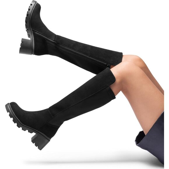 Women's Black-suede Knee High Comfortable Platform Heel Round Toe Stretch Boots - Picture 6 of 6